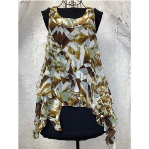 H&M Women’s Green/Brown/wht  Sheer, Geo print sleeveless blouse
